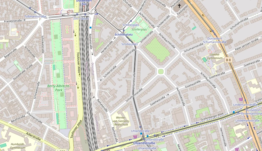 Kartenausschnitt mit dem Standort der Kanzlei in der Uhlandstraße 42 in Düsseldorf